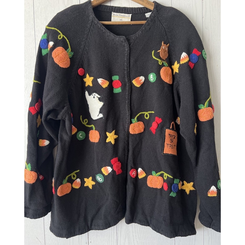 Rare Vintage 2X Marisa Christina II Hand-Knit Halloween Cardigan Trick Candy
